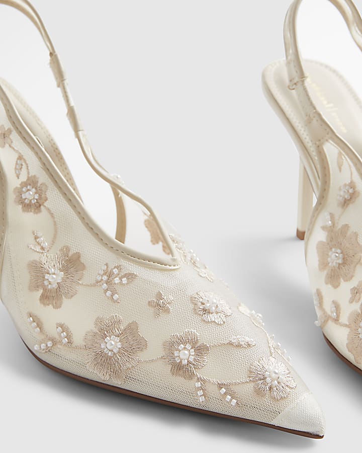 Cream Embroidered Mesh Court Heels