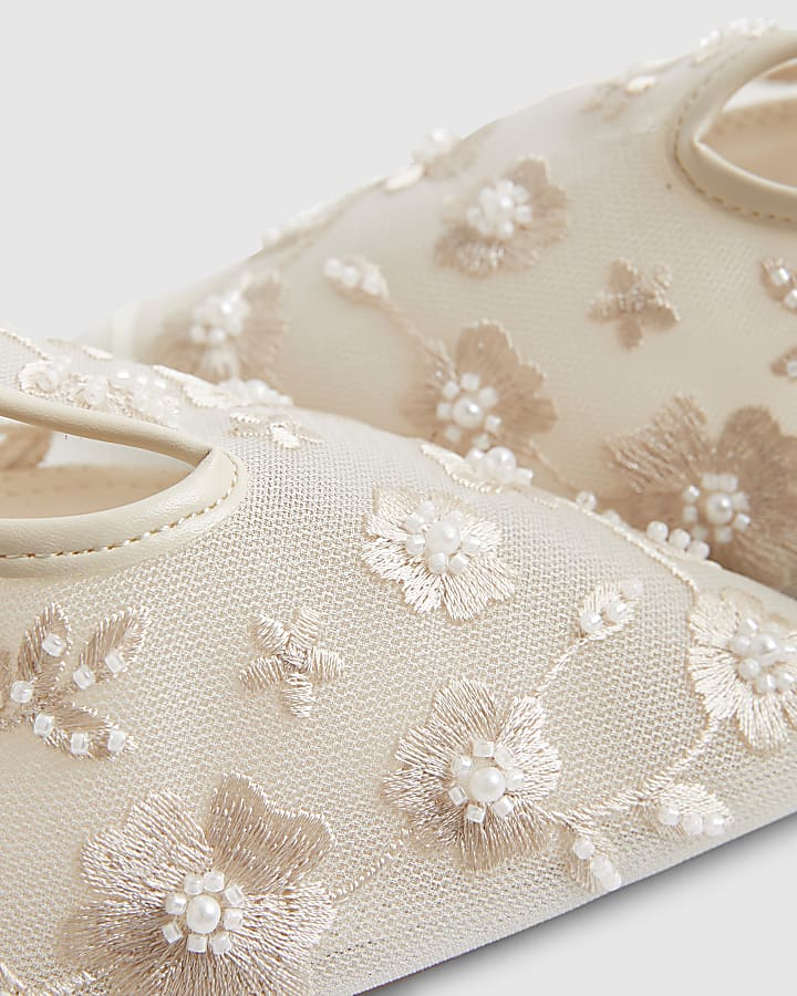 Cream Embroidered Mesh Court Heels