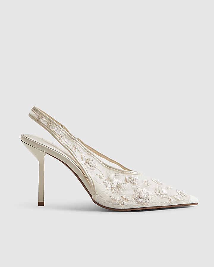 Cream Embroidered Mesh Court Heels