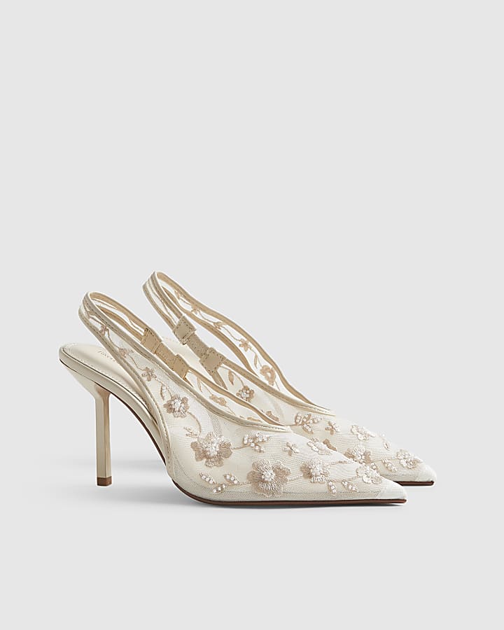 Cream Embroidered Mesh Court Heels