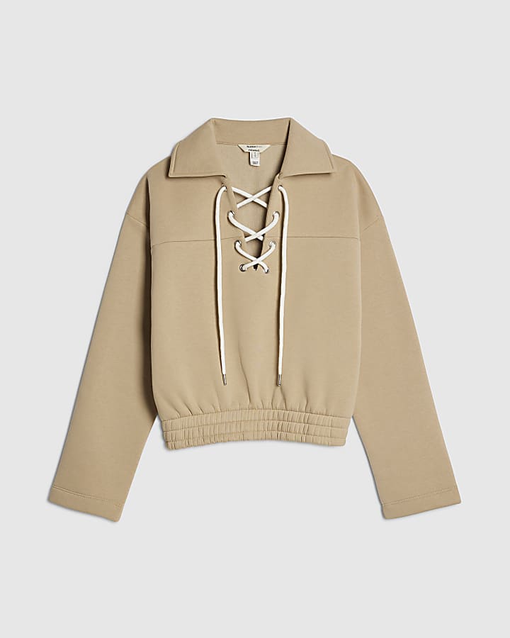 Beige Lace Up Sweatshirt