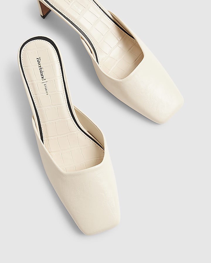 Cream Square Toe Mule Court Heels