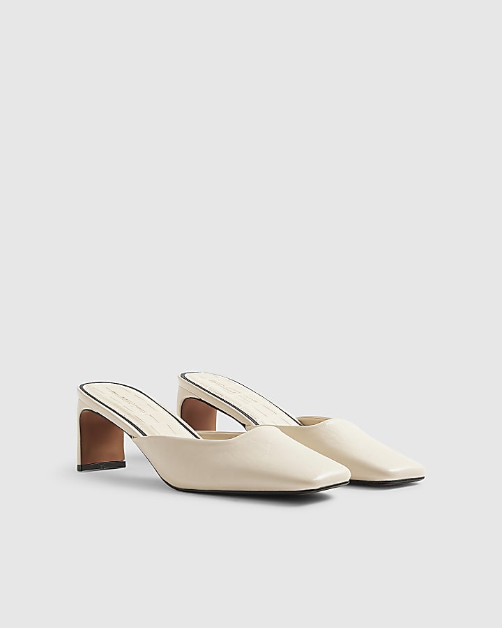Cream Square Toe Mule Court Heels
