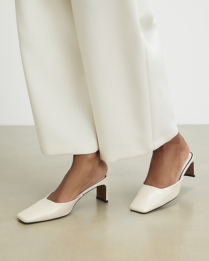Cream Square Toe Mule Court Heels