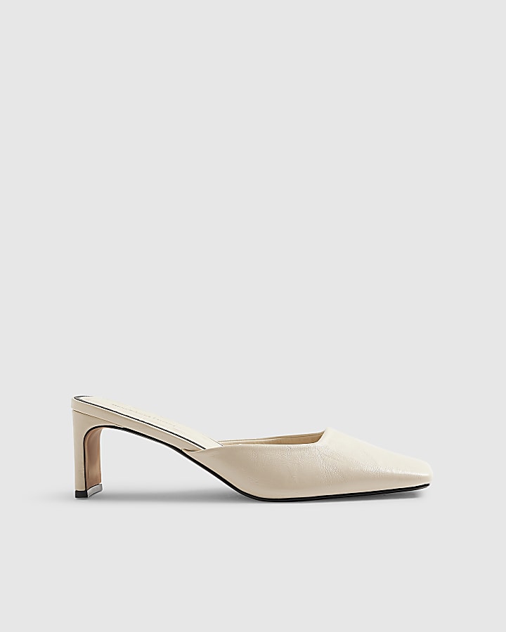 Cream Square Toe Mule Court Heels