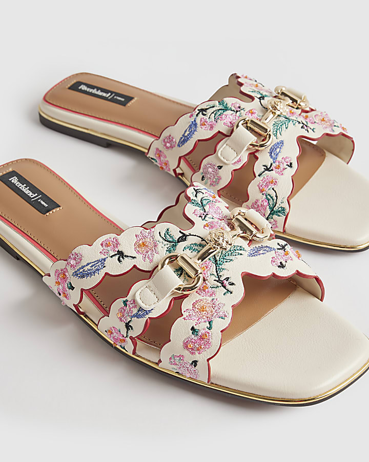 White Embroidered Flat Sandals