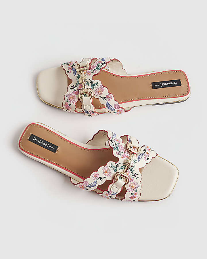 White Embroidered Flat Sandals