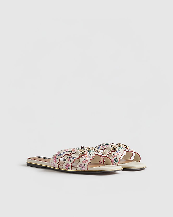 White Embroidered Flat Sandals