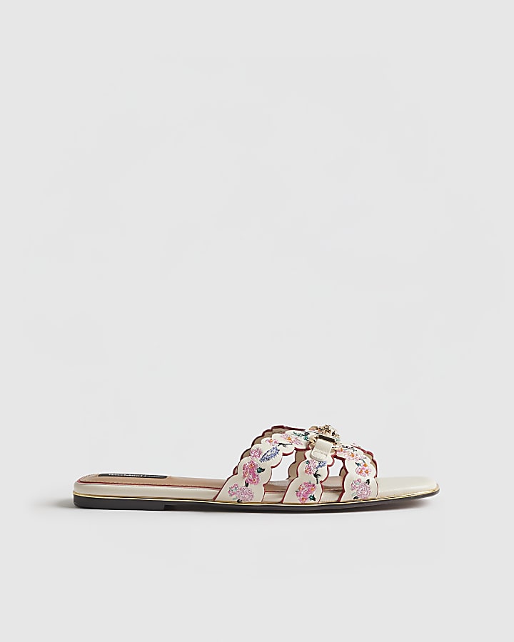 White Embroidered Flat Sandals