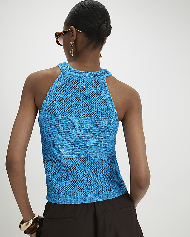 Blue Knitted Pointelle Sequin Vest Top