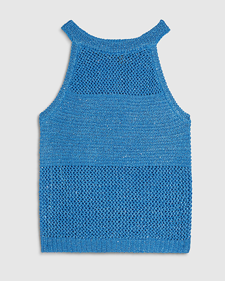 Blue Knitted Pointelle Sequin Vest Top