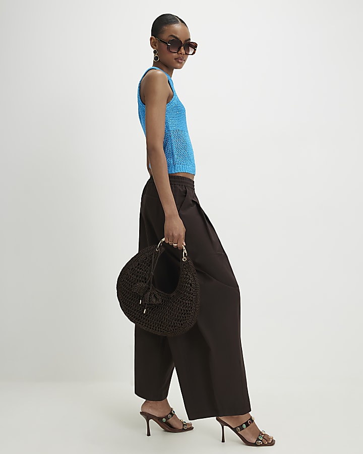 Blue Knitted Pointelle Sequin Vest Top