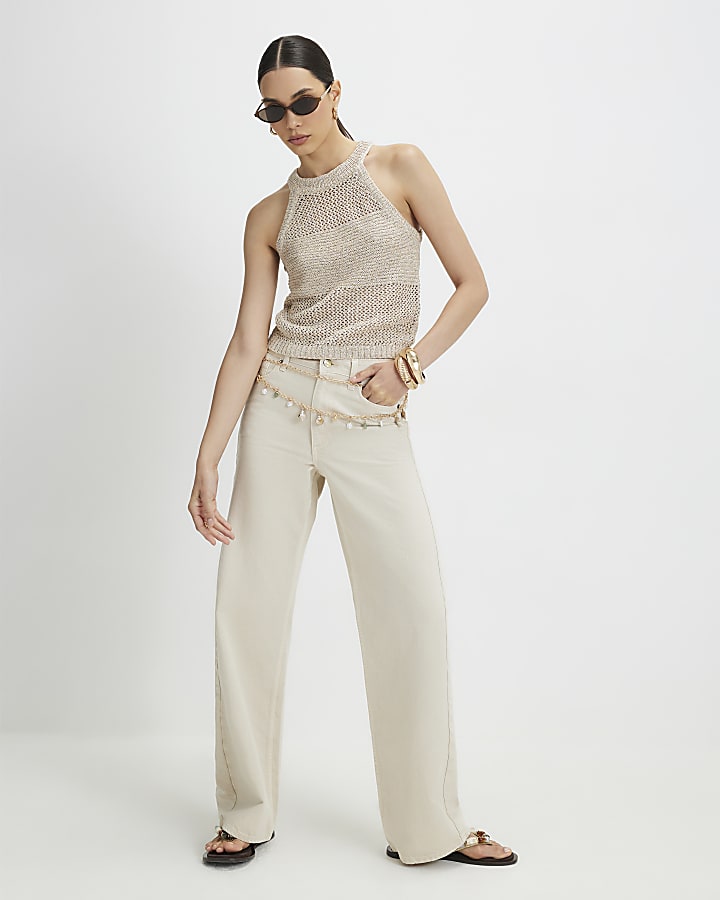 Gold Knitted Cotton Blend Sequin Vest Top