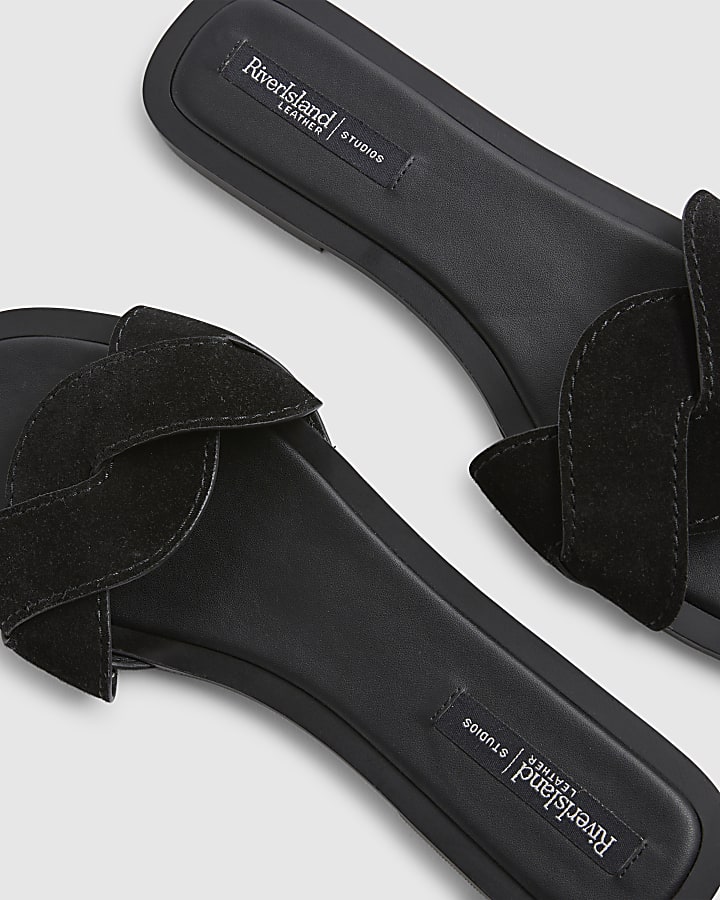 Black Suede Twist Strap Sandals