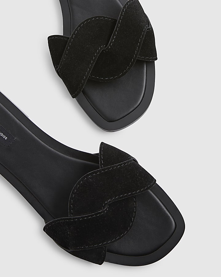 Black Suede Twist Strap Sandals
