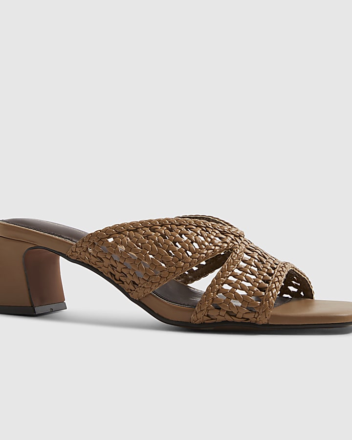 Brown Woven Block Heel Mule Sandals