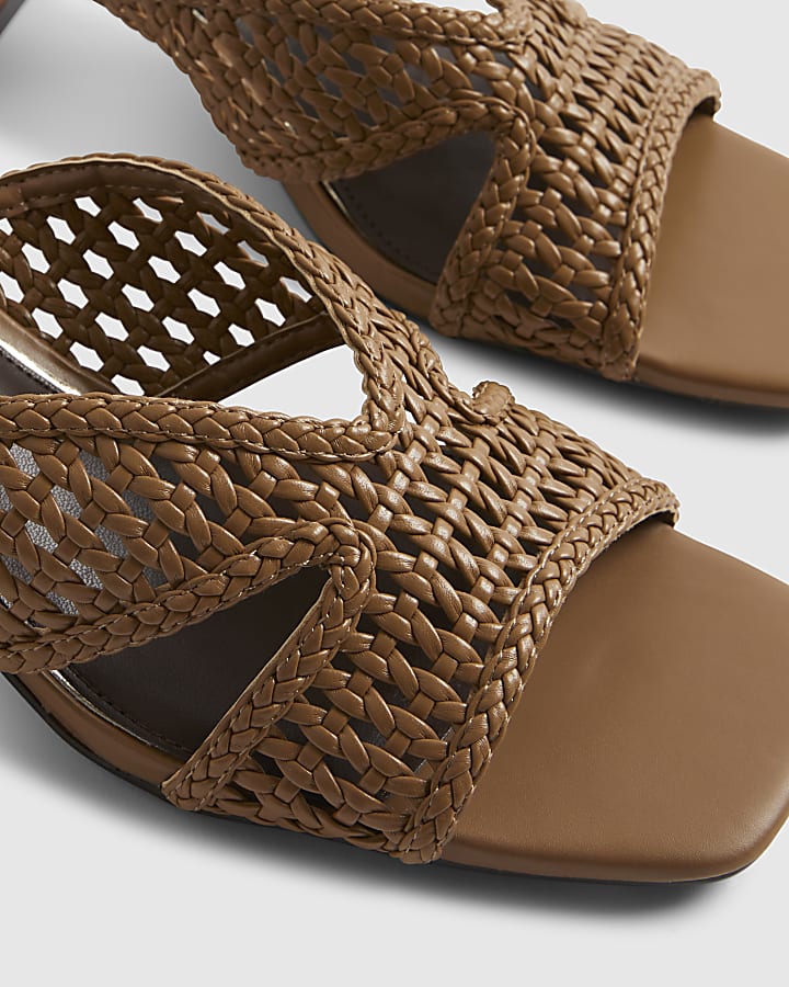 Brown Woven Block Heel Mule Sandals