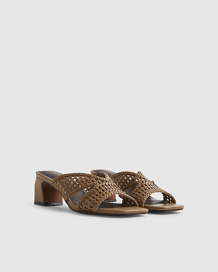 Brown Woven Block Heel Mule Sandals
