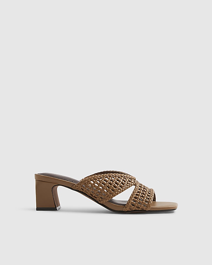 Brown Woven Block Heel Mule Sandals