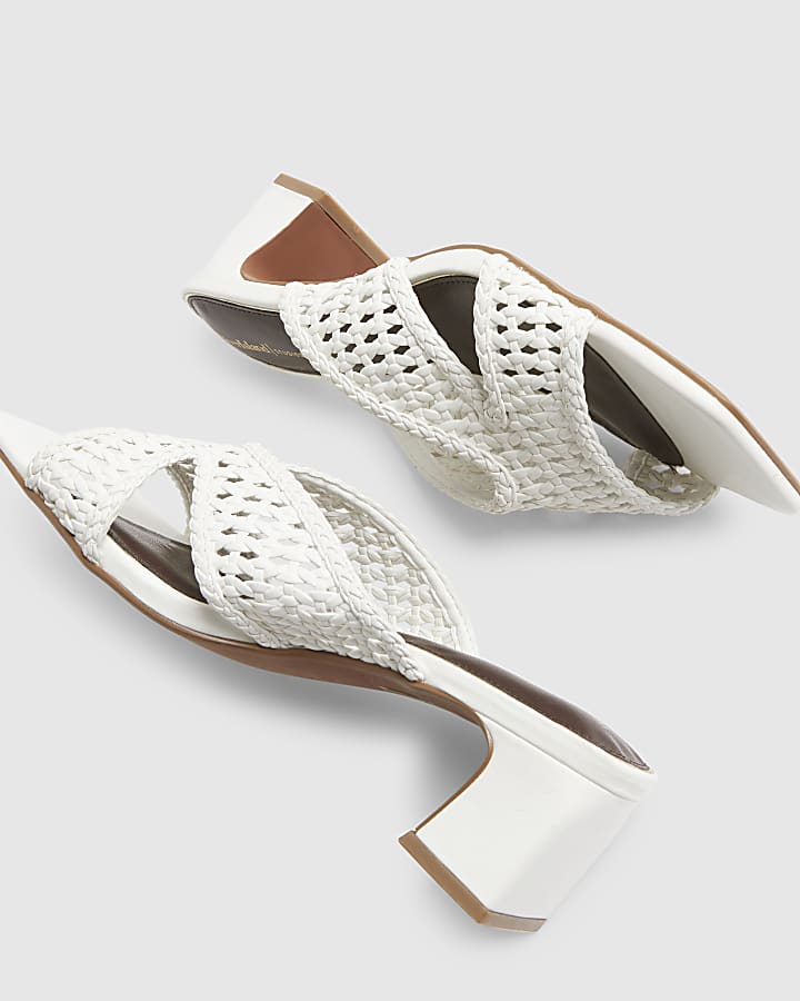 White Weave Block Heel Mule Sandals