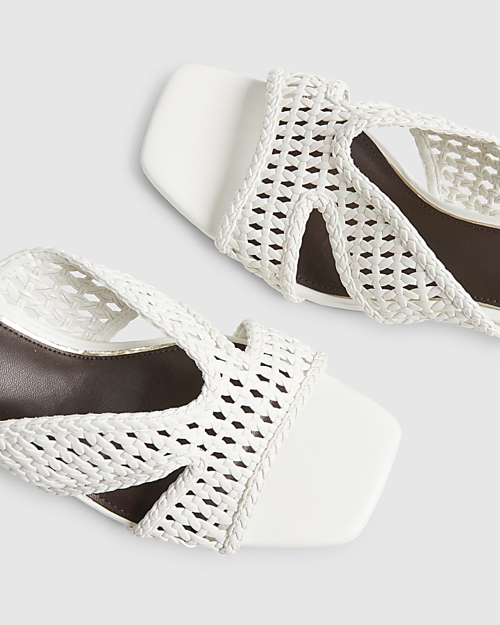 White Weave Block Heel Mule Sandals