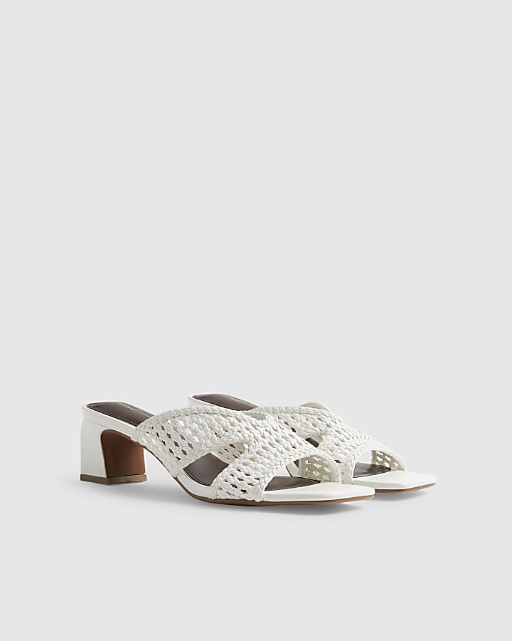 White Weave Block Heel Mule Sandals