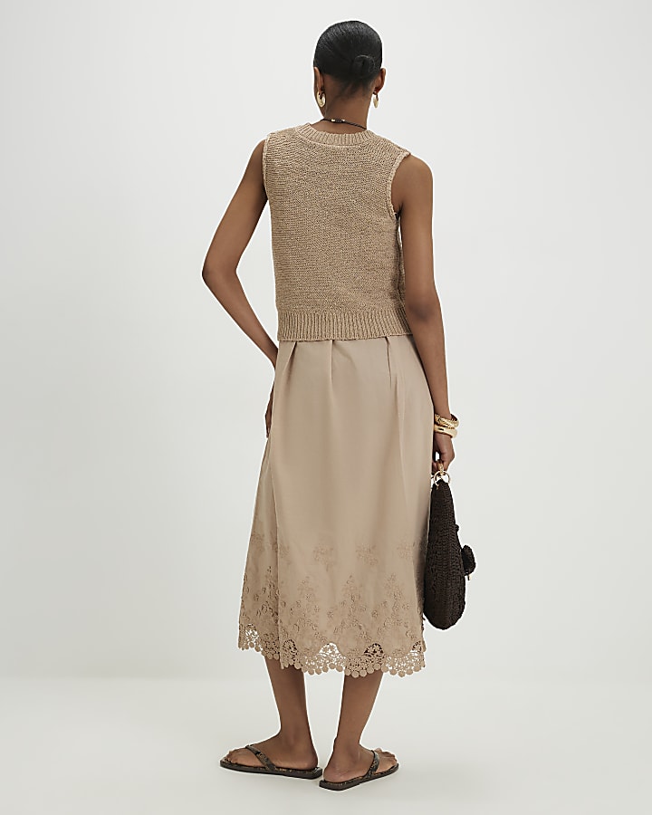 Beige Schiffli Hem Knitted Hybrid Dress
