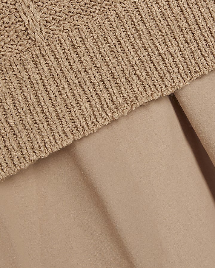 Beige Embroidered Hem Knitted Hybrid Dress