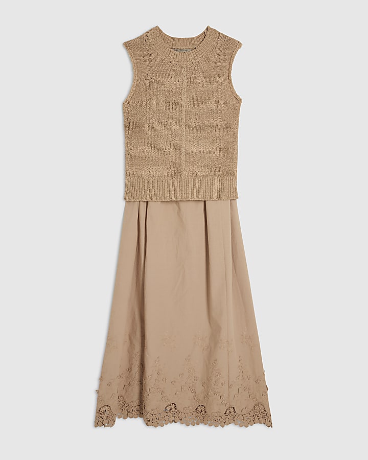 Beige Embroidered Hem Knitted Hybrid Dress