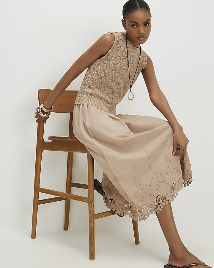 Beige Schiffli Hem Knitted Hybrid Dress