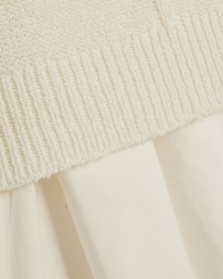 White Embroidered Hem Knitted Hybrid Dress