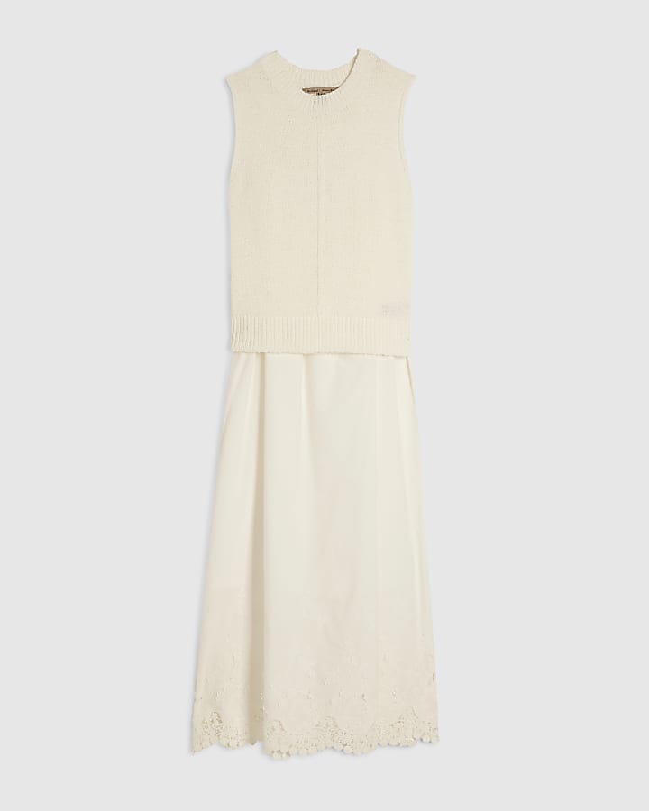 White Embroidered Hem Knitted Hybrid Dress