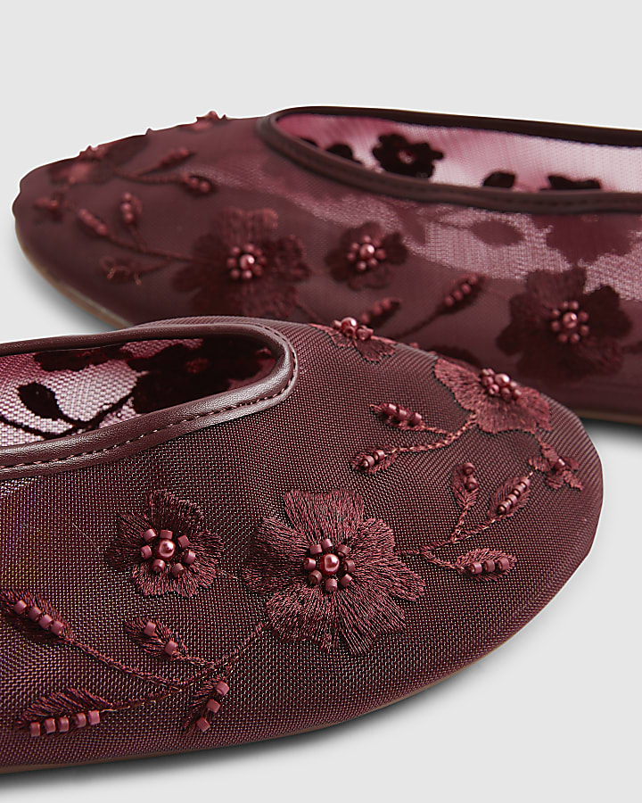 Red Floral Embroidered Mesh Ballet Pumps
