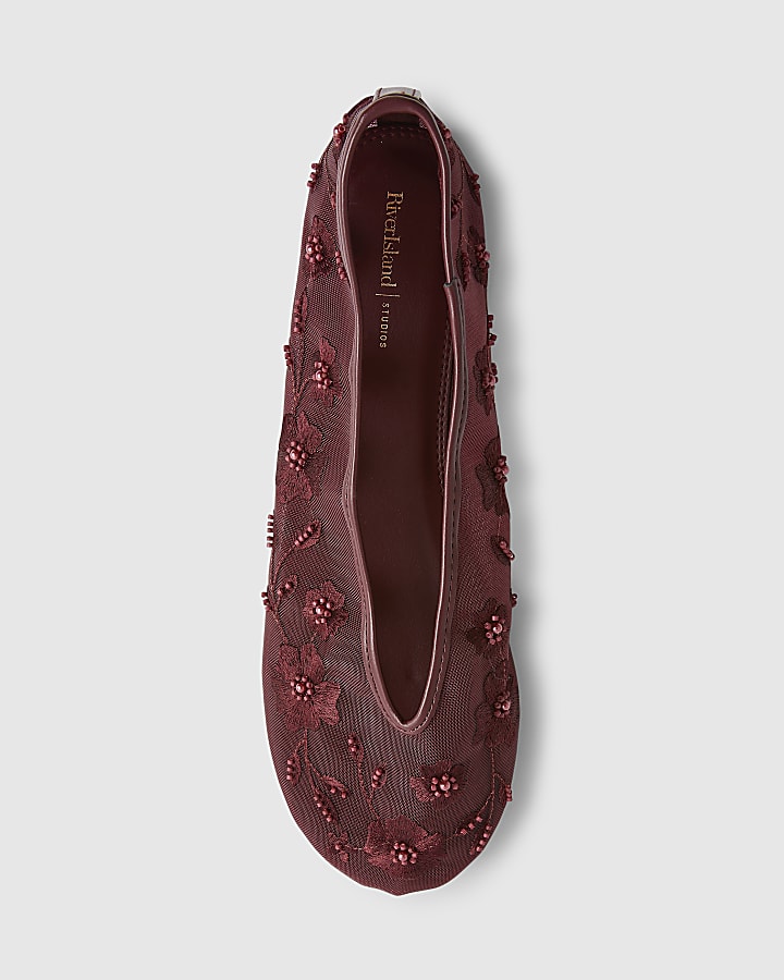 Red Floral Embroidered Mesh Ballet Pumps