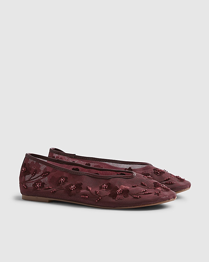 Red Floral Embroidered Mesh Ballet Pumps