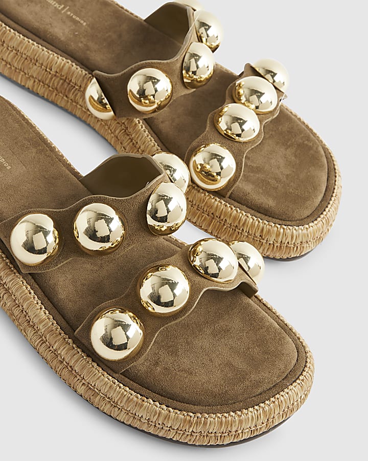 Khaki Studded Flatform Sandals