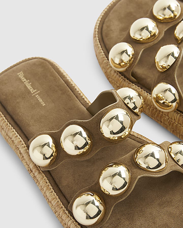 Khaki Studded Flatform Sandals