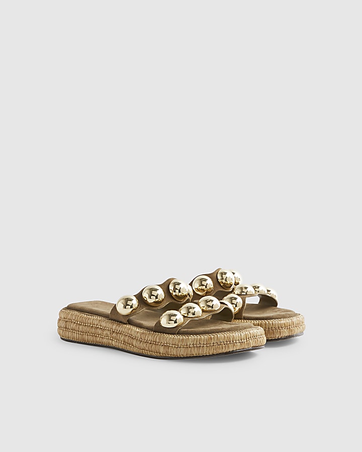 Khaki Studded Flatform Sandals