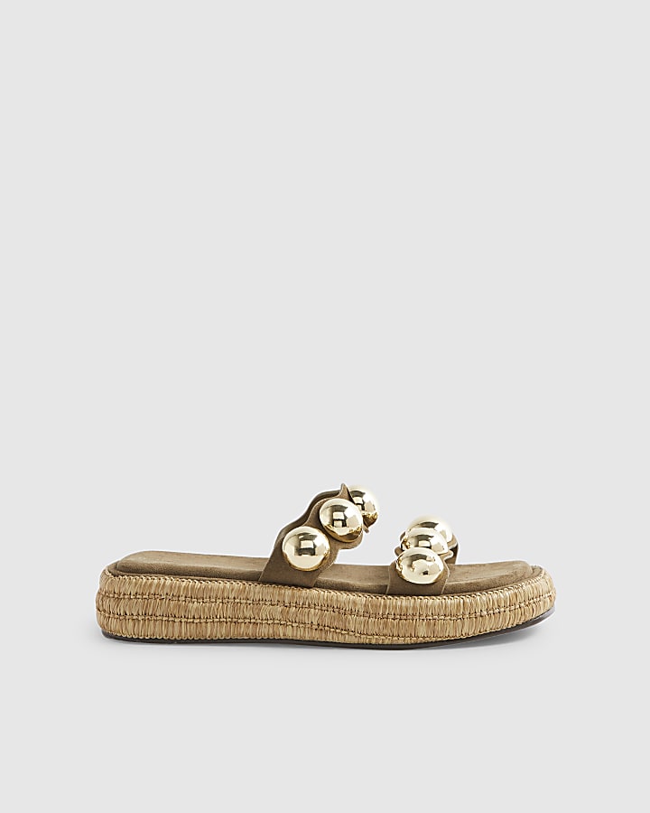 Khaki Studded Flatform Sandals