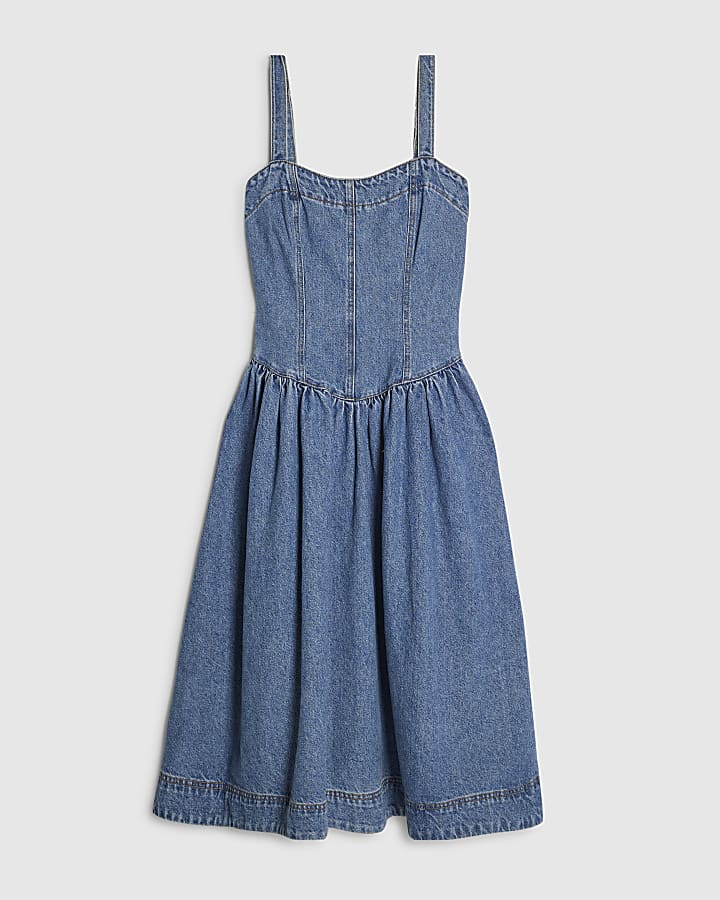 Petite Blue  Seamed Midi Denim Swing Dress