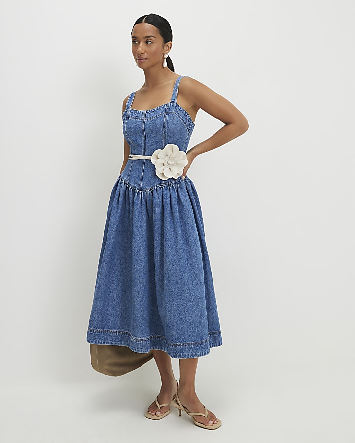 Petite Blue  Seamed Midi Denim Swing Dress