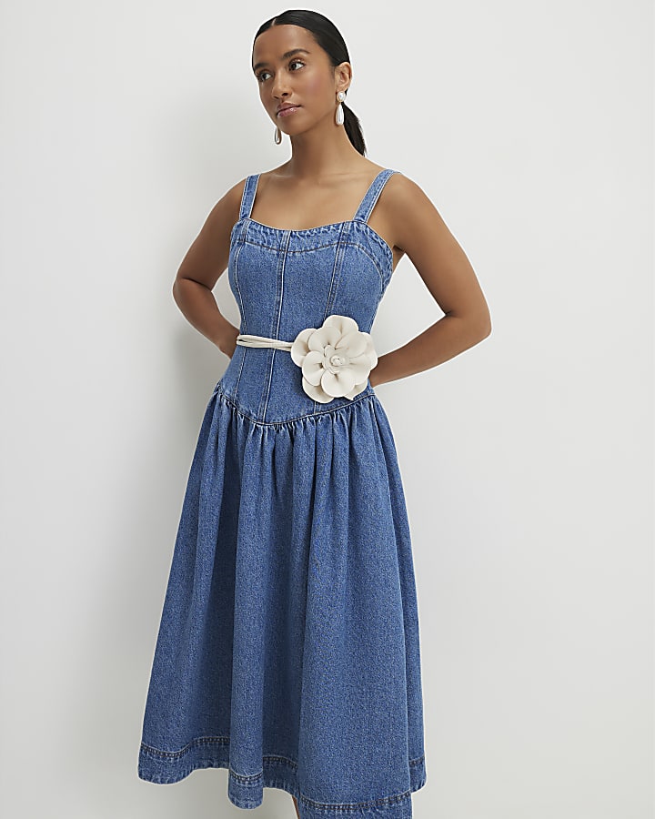 Petite Blue  Seamed Midi Denim Swing Dress