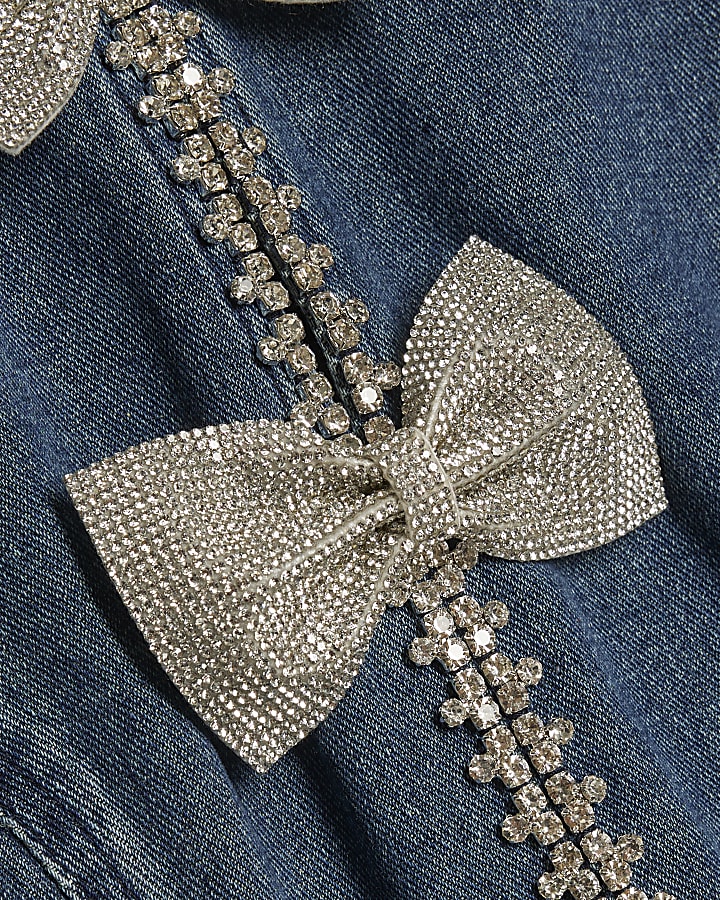 Blue Embellished Bow Denim Mini Dress