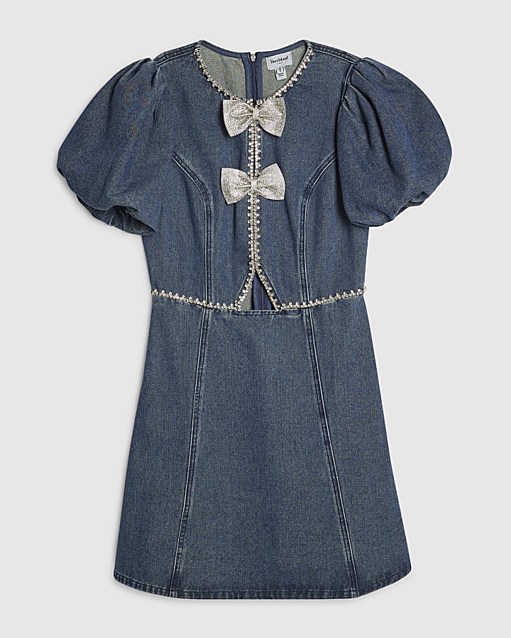 Blue Embellished Bow Denim Mini Dress