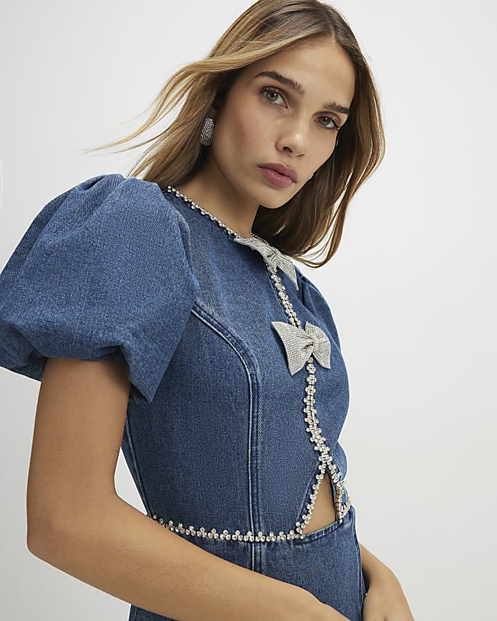Blue Embellished Bow Denim Mini Dress