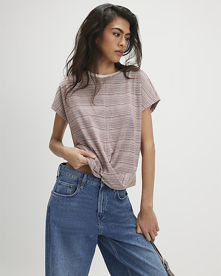 Cream Short Sleeve Stripe Twist Front T-shirt