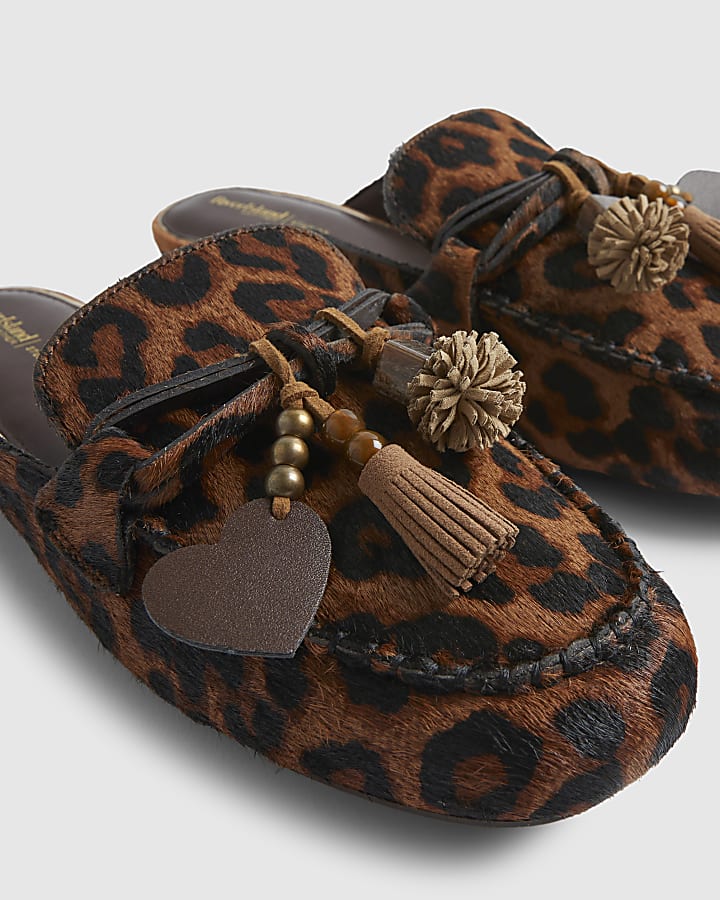 Beige Leopard Print Pony Hair Leather Loafers