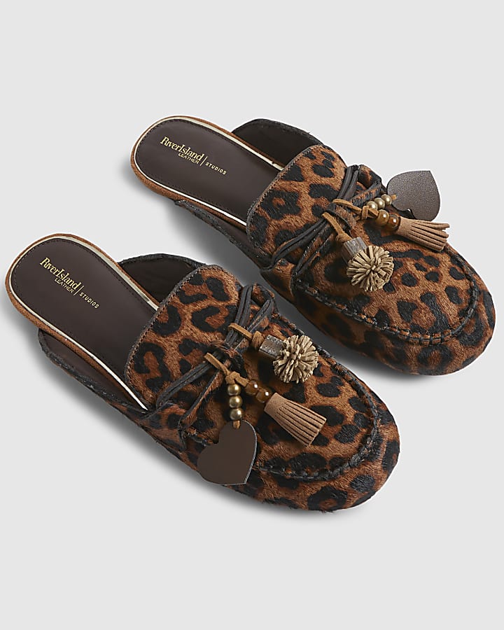 Beige Leopard Print Pony Hair Leather Loafers