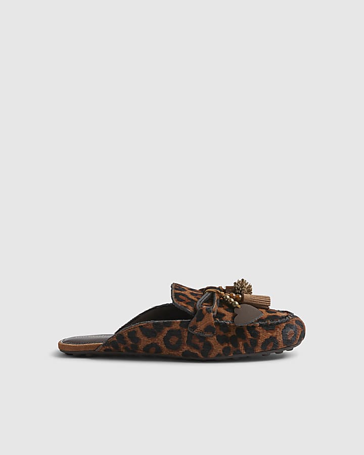 Beige Leather hair on Leopard Print Loafers