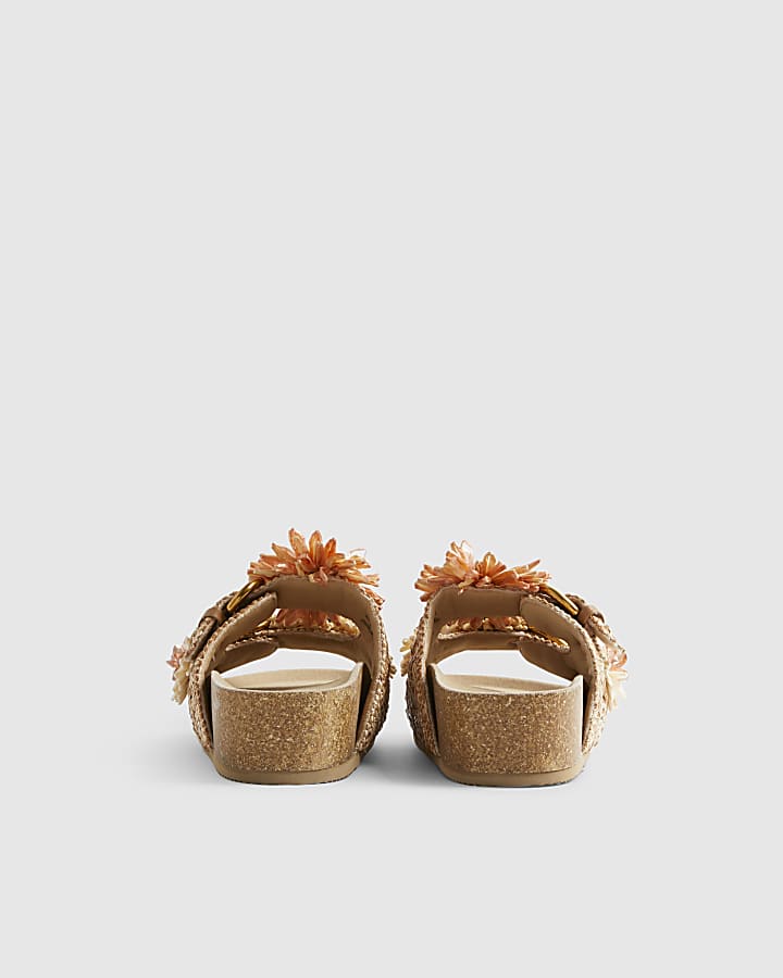 Beige Raffia Flower Footbed Sandals